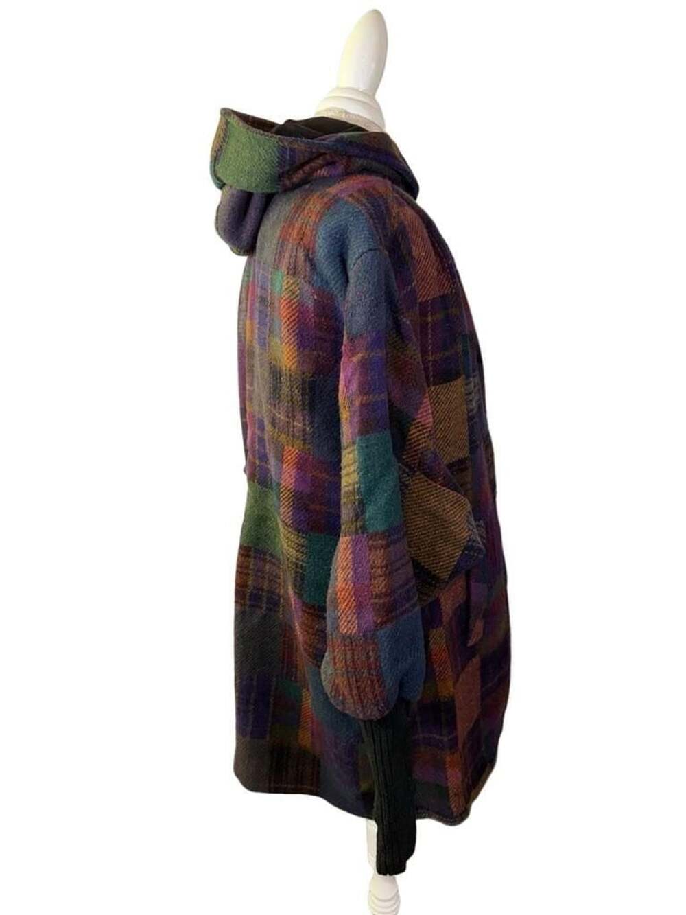 Bambi Fashions Vintage Multi-Color Plaid Patchwork Hooded Coat with Knit Cuffs - Picture 4 of 8